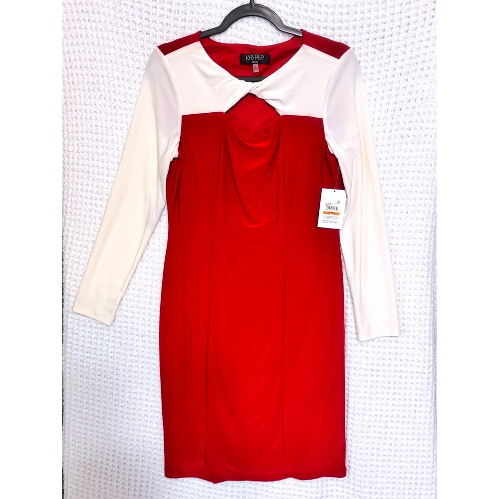 Kasper Dress Womens Size‎ S Crimson Cream Sheath Career Long Sleeve